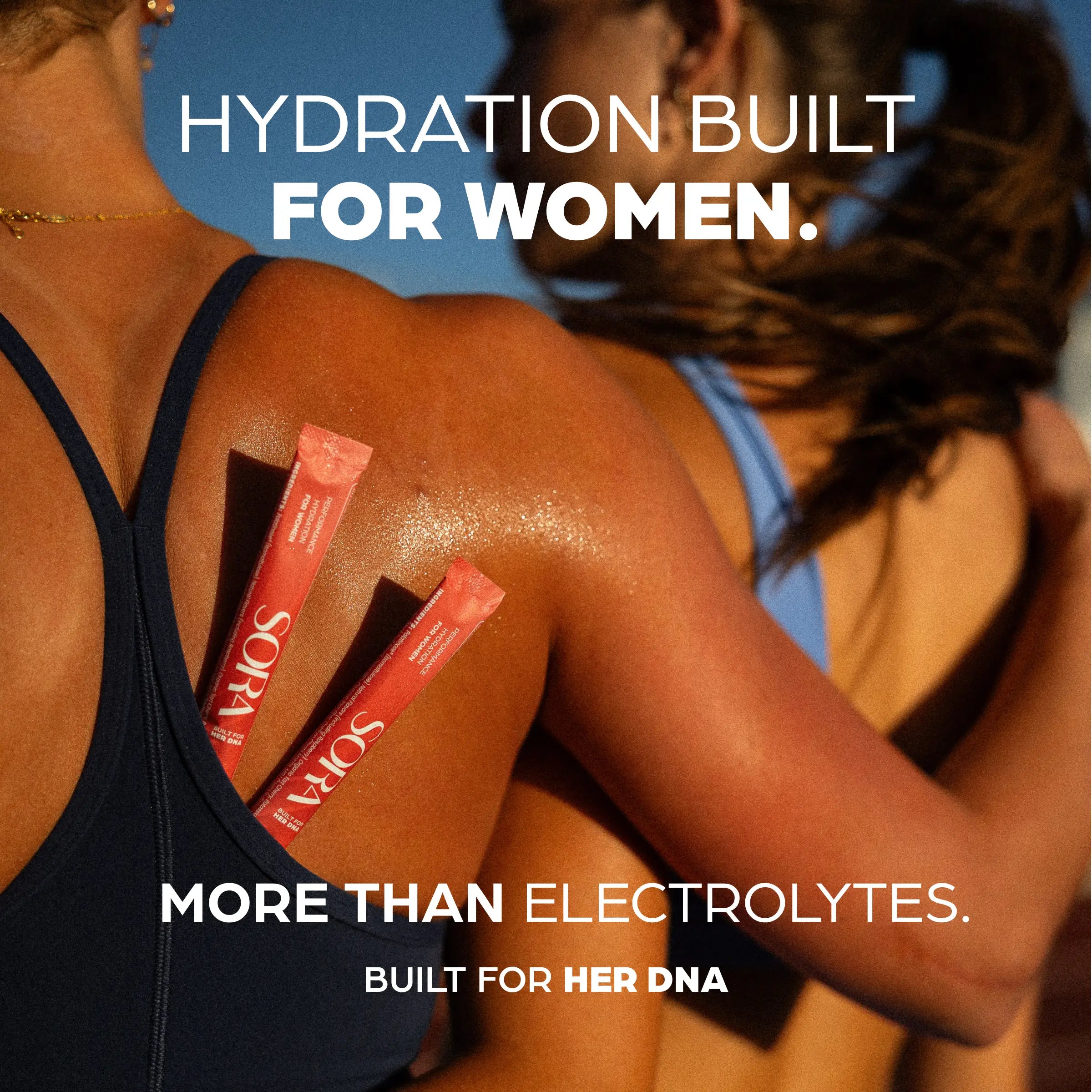 Athlete with SORA stick packs, titled Hydration Built for Women
