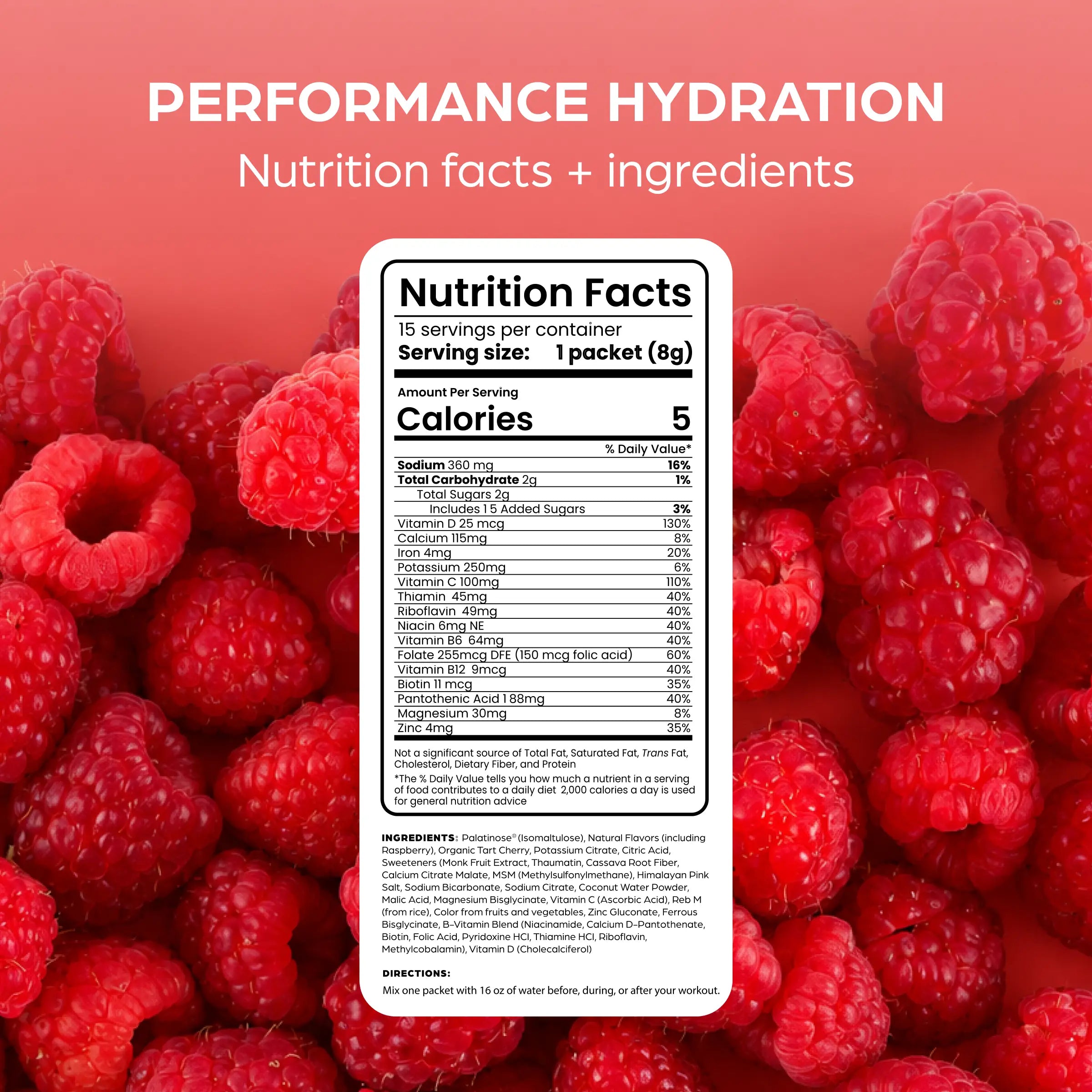 SORA Raspberry Dream Performance Hydration Nutrition Facts and ingredients label